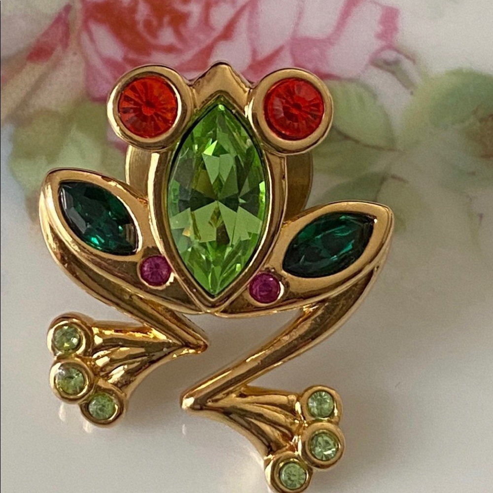 Vintage Genuine Marked Swarovski Crystal Multi Colored Frog Pin